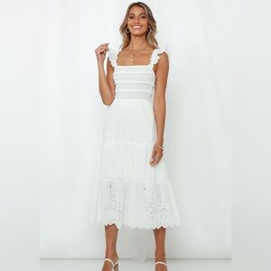 Hello Molly Let Me Fall in Love White Boho Eyelet Ruffle Midi Dress | Small